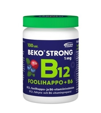 Beko Strong B12 + foolihappo + B6 Mustikka-karpalo 100 purutablettia *
